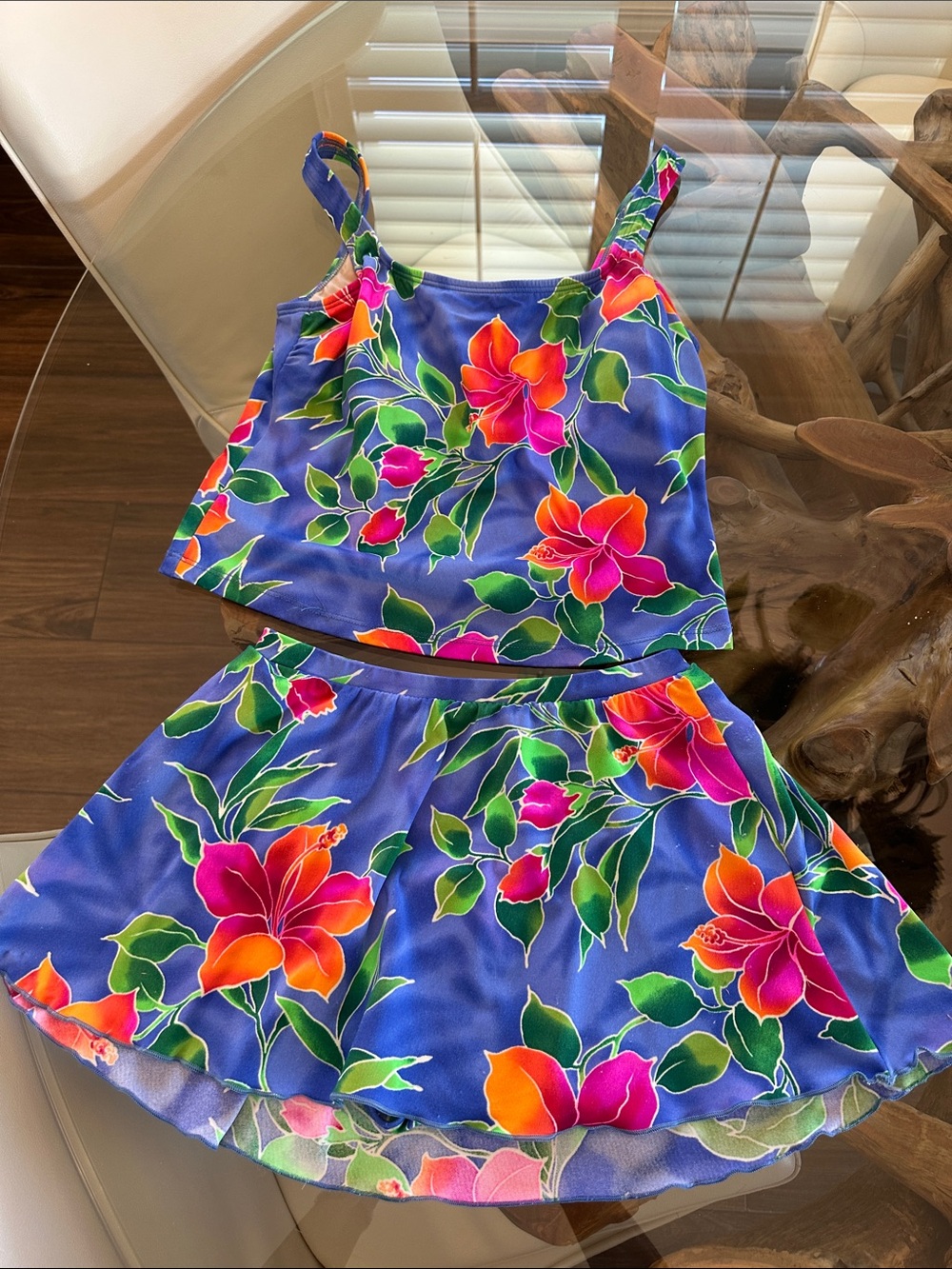 Blue Floral Two-Piece Tank and Skirt Set Swimsuit
